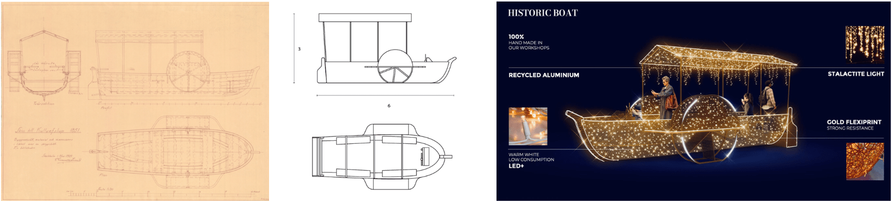 Plans de conception du Bateau de Stockholm réalisés par l'équipe Créa de Blachere Illumination pour une installation lumineuse immersive inspirée du patrimoine maritime suédois.